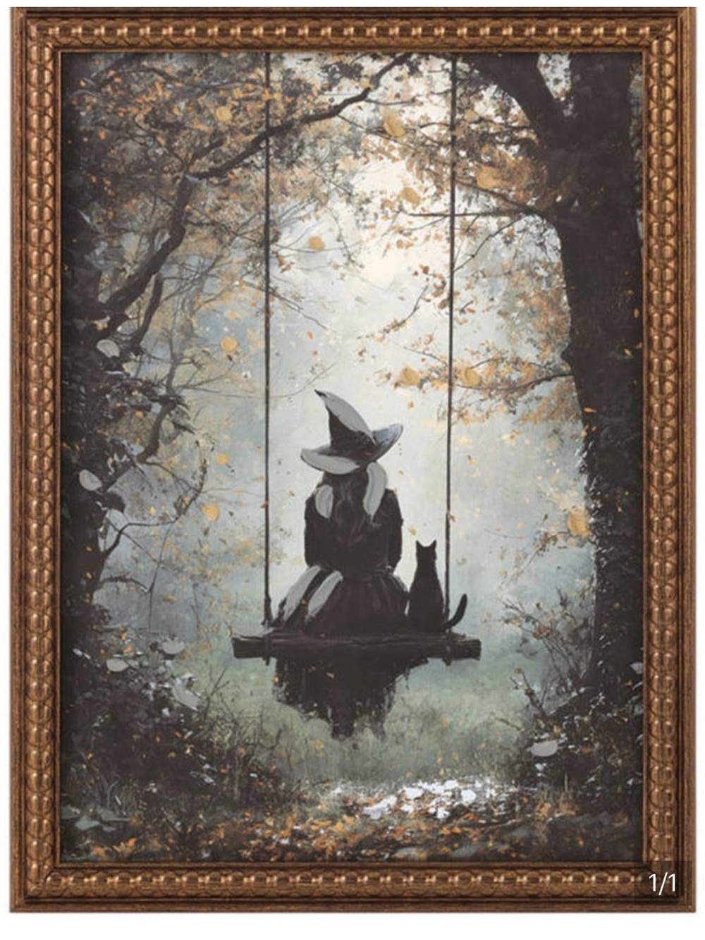 Framed Witch with cat on Swing Silhouette Wall Art